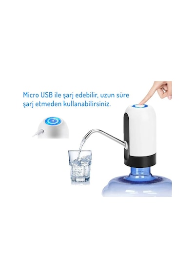 Hızlı Ve Sessiz Damacana Pompası Usb Şarjlı Ve Otomatik Dakikada 1.8 Litre Su Çıkışı Beyaz