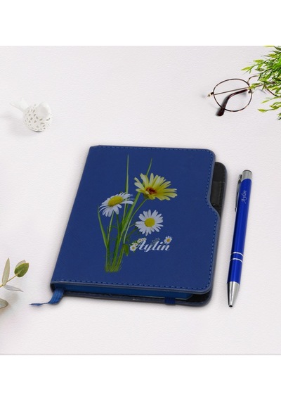 Kişiye Özel Papatya Temalı Lacivert Termo Deri Defter Kalem Seti- N11.139
