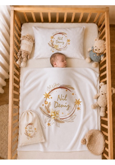 Pia Baby İsme Özel %100 Pamuk Kız Bebek Yastık Battaniyeli Tulum Set Kese Hediyeli 1093tybk3x Krem