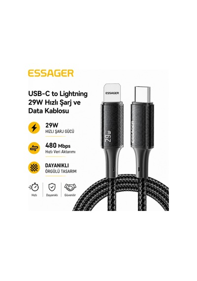 Essager 29w Usb-c To Lightning Hızlı Şarj Ve Data Kablosu 2 Metre Apple iPhone Uyumlu 480mbps Örgülü Desen - Ben10