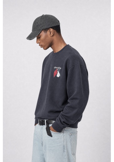 Respire Erkek Members Only Baskılı Oversize Sweatshirt Füme