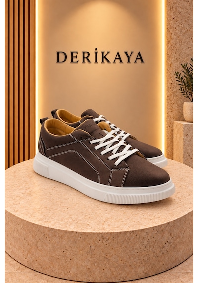 Deri Kaya Erkek Nubuk Deri Bağcıklı Günlük Sneaker Spor Ayakkabı Kahverengi