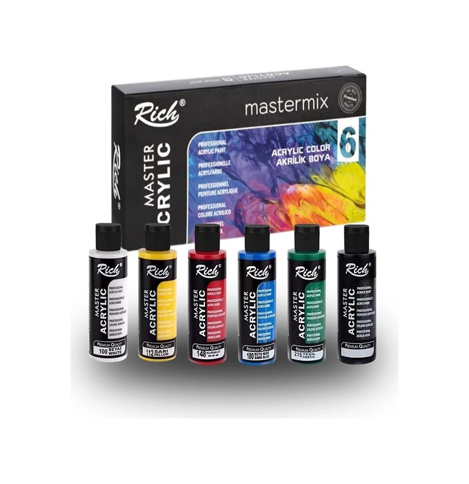 Rich Mastermix Akrilik Boya 12 Renk 60 Ml 1 Paket Pastel Ve Ana Renkler Akrilik Boya 12 Li Profesyonel Tuval Canvas Çok Renkli