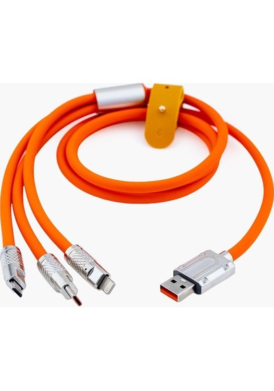 Valkyrie 6A 3in1 Lighting Type-c Micro Sıvı Silikon Data Hızlı Şarj Kablosu Bakır Döşeme Kablo Turuncu