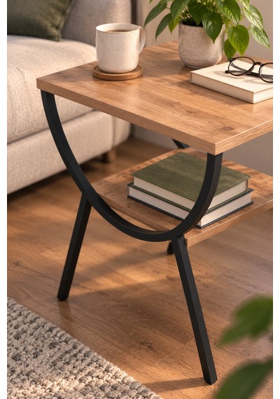 Sulorahome Ceviz Desenli Metal Ayaklı Çift Raflı Yan Sehpa Komodin