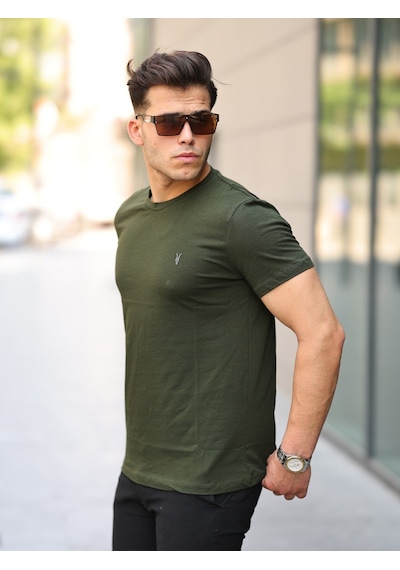Erkek Haki Slim Fit Bisiklet Yaka %100 Pamuk Tişört Haki