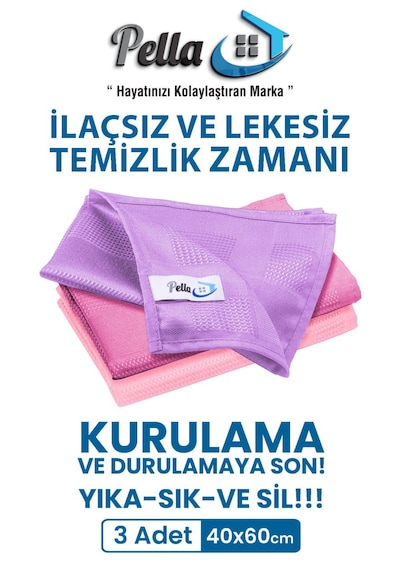 Active Çamaşır Suyu Ile Kullanılabilen Tek Mikrofiber 3'lü Temizlik Bezi 40x60 Büyük Boy Karışık