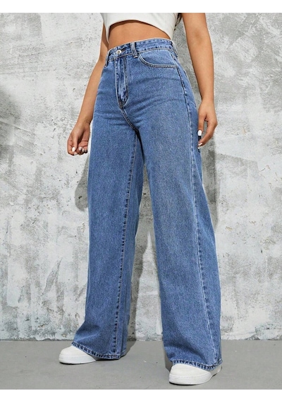 Palazzo Pantolon Orta Mavi Yüksek Bel Geniş Paça Bol Kesim Premium Jeans Orta Mavi