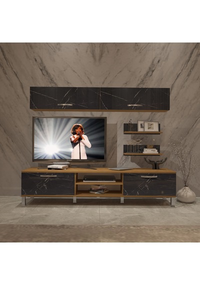 Decoraktiv Eko 5 Mdf Dvd Krom Ayaklı Tv Ünitesi Tv Sehpası Pera - Siyah Mermer