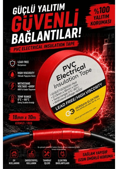 Kırmızı Profesyonel Pvc Elektrik Bandı 18mm X 10m Güçlü Yapışkanlı, 600v Dayanımlı, Esnek İzolasyo