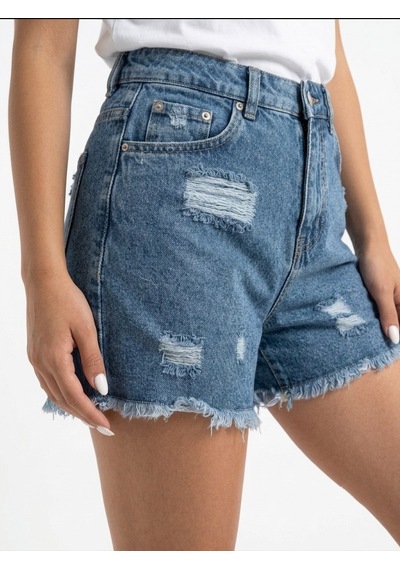 Trendallmoda Yüksek Bel Yırtık Detaylı Jean Şort Kot Mavisi