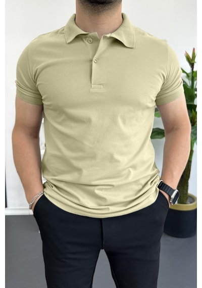 Erkek Slim Fit Düz Renk Pamuklu Soft Polo Tişört Bej Edw365 Bej