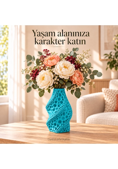 Dekoratif Vazo Burgu Formlu Taş Dokulu Modern Kuru Çiçeklik Camgöbeği