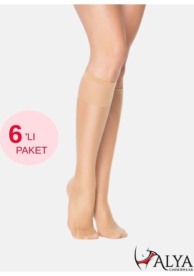 Alya Underwear Kadın Parlak Diz Altı Çorap 15 Denye, İnce Fit - 6'lı Paket Ten 57 6'lı