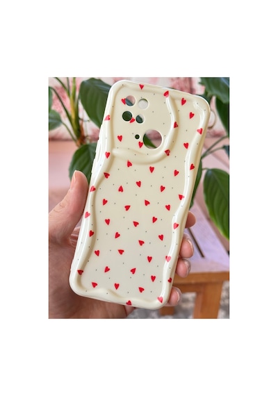 Fibaks Redmi 10c/poco C40 Uyumlu Kılıf Kamera Korumalı Dalga Kenarlı Kırmızı Kalp Desenli Silikon Kapak