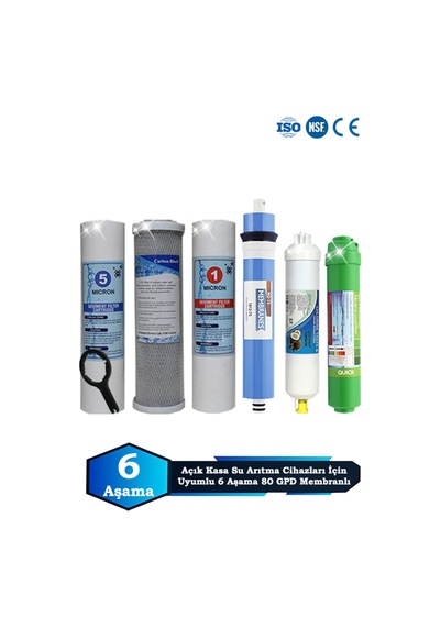 Sumarkt Açık Kasa Su Arıtma Cihazı Uyumlu 6 Aşama Cift Sediment 80 Gpd Membranlı Alkalinli Filtre Bakım Seti
