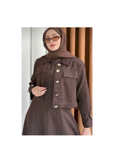 Hatun Kahverengi Gold Düğmeli Crop Ceket Ve Jile Kot Takım Bordo Bordo