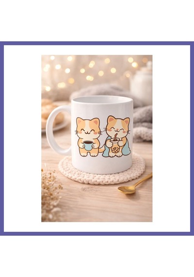 Bezos Sevimli Kedi Tasarımlı Porselen Kupa Model 194 İkili Cute Cat Baskılı Kahve Kupası Kedi Severlere Hediyelik Porselen Kupa Bardak 330 Ml Nıda Diğer