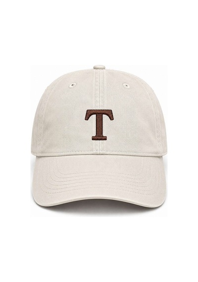 Tesbihane Unisex Vintage Beyzbol Şapkası - İsme Özel Harf Nakışlı - Eskitme Kumaş - Metal Tokalı Krem