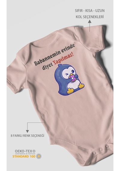 Babaannemin Evinde Diyet Yapılmaz Baskılı Bebek Zıbını Çıtçıtlı Body %100 Pamuk Kısa Kol Pastel Pembe