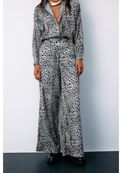 Sateen Yüksek Bel Saten Leopar Pantolon - Ekru-135186 Ekru