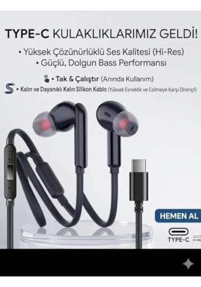 Kalın Silikon Kablolu Type C Kulaklık Tüm Typec Çıkışlı Cihazlara Uyumlu Tak Çalıştır Tak Kullan Mükemel Ses Bass Tiz Mikrofon Aaa Kalite Siyah Tc21