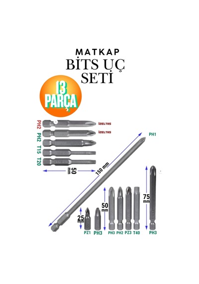 13 Parça Matkap Bits Uç Seti S2 Çelik Mıknatıslı Vidalama Ucu Seti Düz Yıldız Torx Akülü Vidalama Uçları Profesyonel Bits Uç Seti Matkap Ucu Vidalama Lokma Seti Paslanmaz Düz Yıldız Torx Uç Seti