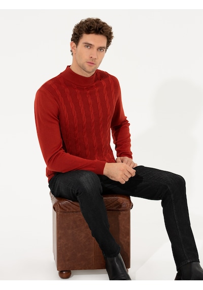 Cacharel Kiremit Slim Fit Yarım Balıkçı Triko Kazak Kırmızı