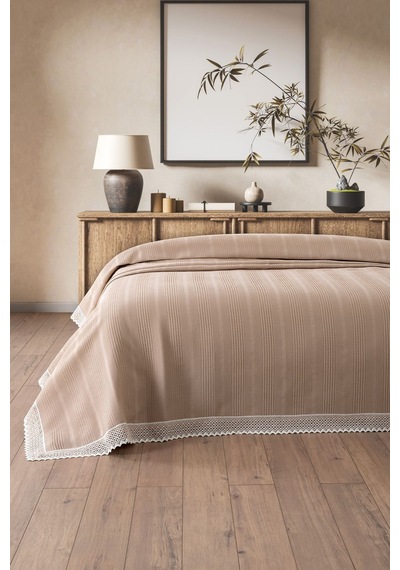 %100 Pamuk Çift Kişilik Kopanaki Dantelli Waffle Pike-210x230 Cm-kapuçino Petek Pike Cappuccıno Cappuccino