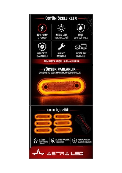 6 Adet Neon Led Yan Etek Lambası 12v/24v Turuncu Pozisyon Lambası Tır Kamyon Dorse Treyler Universal