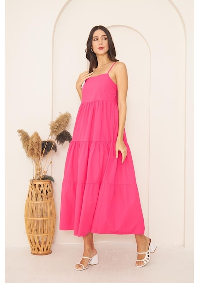 Darlin Moda Fuşya İnce Askılı Katlı Elbise Dm1034 Fuşya