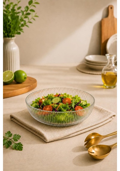 Modern Çizgi Desenli Cam Salata Kasesi Meyve Sunumluk Kase Orta Boy 21 Cm Şeffaf