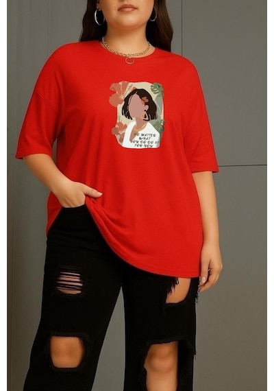 Büyük Beden Renkli Kadın Baskılı Unisex Tişört Kırmızı