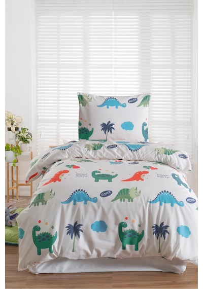 Eponj Home Tek Kişilik Pamuklu Nevresim Takımı 3 Parça Dinocuklar Desen Beyaz / Yumuşak Dokulu Beyaz