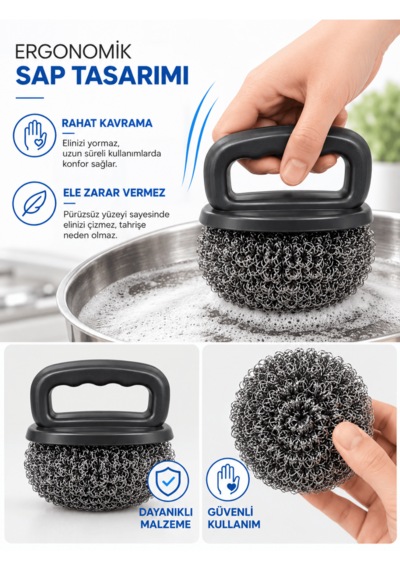20gr Tutma Saplı Bulaşık Teli Ergonomik Saplı Paslanmaz Çelik Ovma Teli Yedek Tel Hediyeli