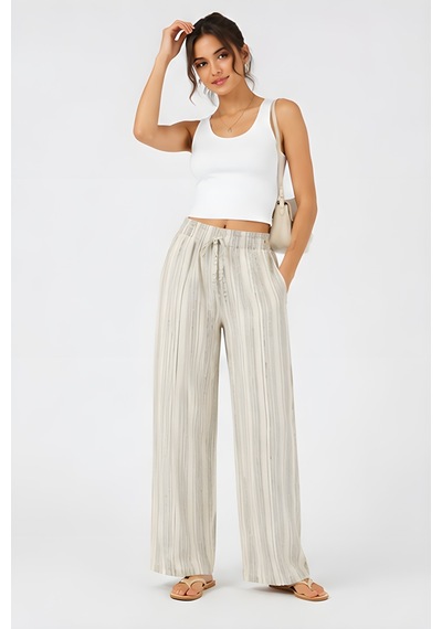 Lili Woman Kadın Yüksek Bel Çizgili Keten Karışımlı Relax Fit Pantolon E.kp01 Ekru