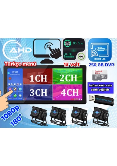 4 Adet Ahd 180 Derece Kamera Dvr Video Müzik Dokunmatik Monitör 12 V