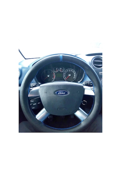 Dikişli Direksiyon Kılıfı Siyah Deri Mavi Yüzük Mavi Dikişli Ford Connect İçin Mavi