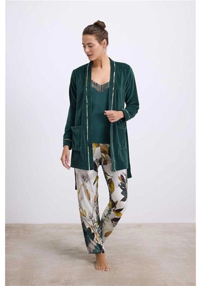Will Like Kadife Sabahlık, Dantelli Atlet Ve Desenli Pantolon Pijama Takımı Koyu Yeşil