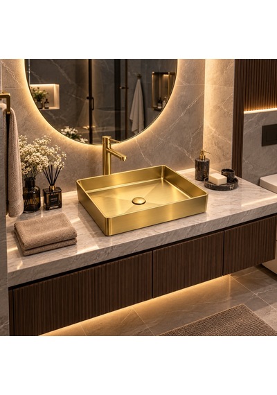 Alfas Aura 51x36cm Dikdörtgen Tezgah Üstü Tezgah Altı Çanak Lavabo Pvd Mat Gold 304 Paslanmaz Çelik
