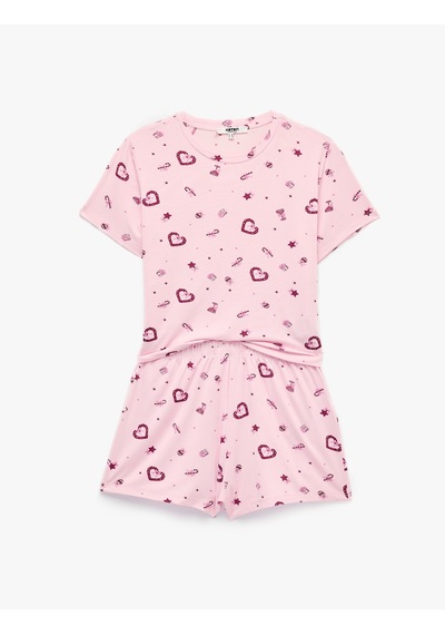 Koton Kalp Desenli Rahat Kalıp Kısa Kollu Bisiklet Yaka Şortlu Pijama Takımı Pembe Desenli 7wlk40333mk