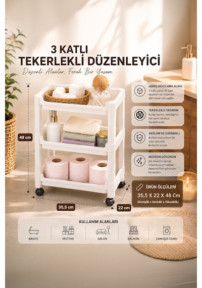 Porsima Rafty-73-1 Tekerlekli 4 Katlı Düzenleyici Geniş Raf Beyaz