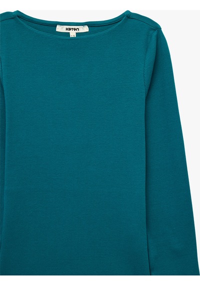 Koton Slim Fit Pamuklu Kayık Yaka Uzun Kollu Basic Bluz Mavi 7wak10315ek