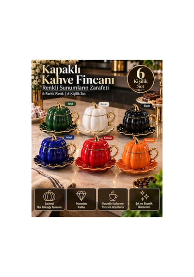 6 Kişilik Bal Kabağı Tasarımlı Kapaklı Porselen Kahve Fincanı Seti 6 Farklı Renk Turuncu