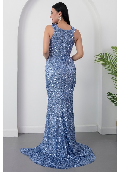 Kalopya Halter Yaka Yırtmaçlı Pulpayet Elbise Ecr5482 Mavi