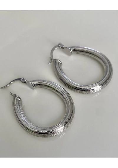 Justgaf Gümüş / Silver Renk Oval Halka Küpe Gümüş