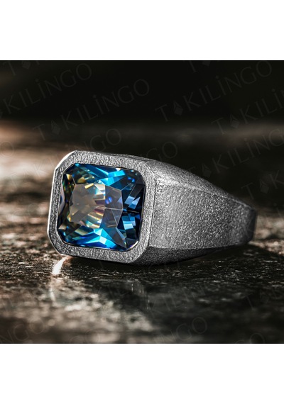 925 Ayar Gümüş Oksitli Mavi Topaz Taşlı Sade Erkek Yüzük Gümüş
