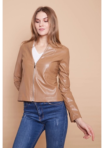 Ekolojik Suni Deri V Yaka Uzun Kol Fermuarlı Blazer Ceket-koyu Bej K.bej
