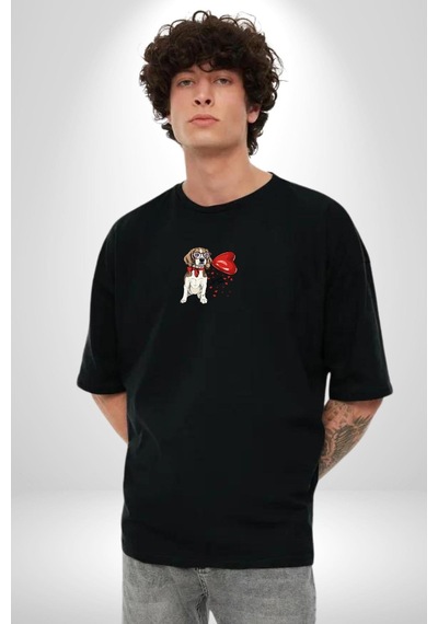 Poodle Ve Beagle Sevililer Günü Hediyesi Siyah Oversize Unisex Ön Orta Minimal Baskılı Tişört Siyah