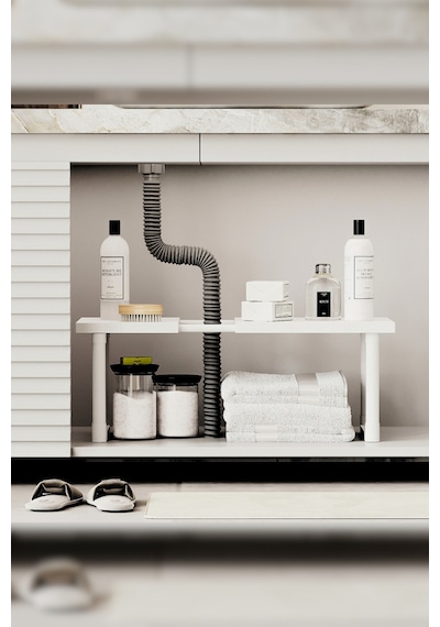 İndecor Houseware Plastik Genişletilebilir Raf Ayarlanabilir Düzenleyici Mutfak Banyo Düzenleyici - Tek Katlı - Beyaz